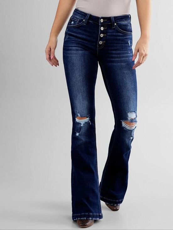 KanCan Denim - KanCan Kennedy Dark Wash Distressed Flare Jeans Mid Rise Stretchy Womens 13/30